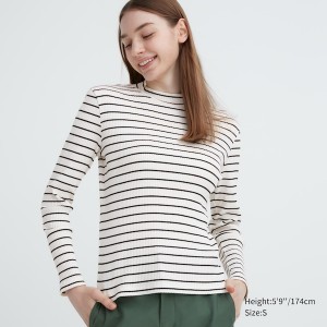 Uniqlo Rebrasti Prugasta High Neck Long-Sleeve Ženske Majice Bijele | 1394-PFIDJ